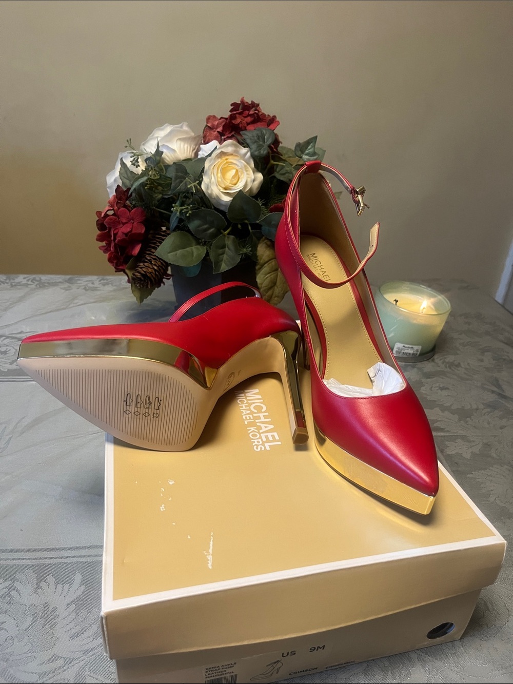 Michael Kors Women's Red Pointed-Toe Mary Jane Heels with Gold Platform(new) - Picture 5 of 8